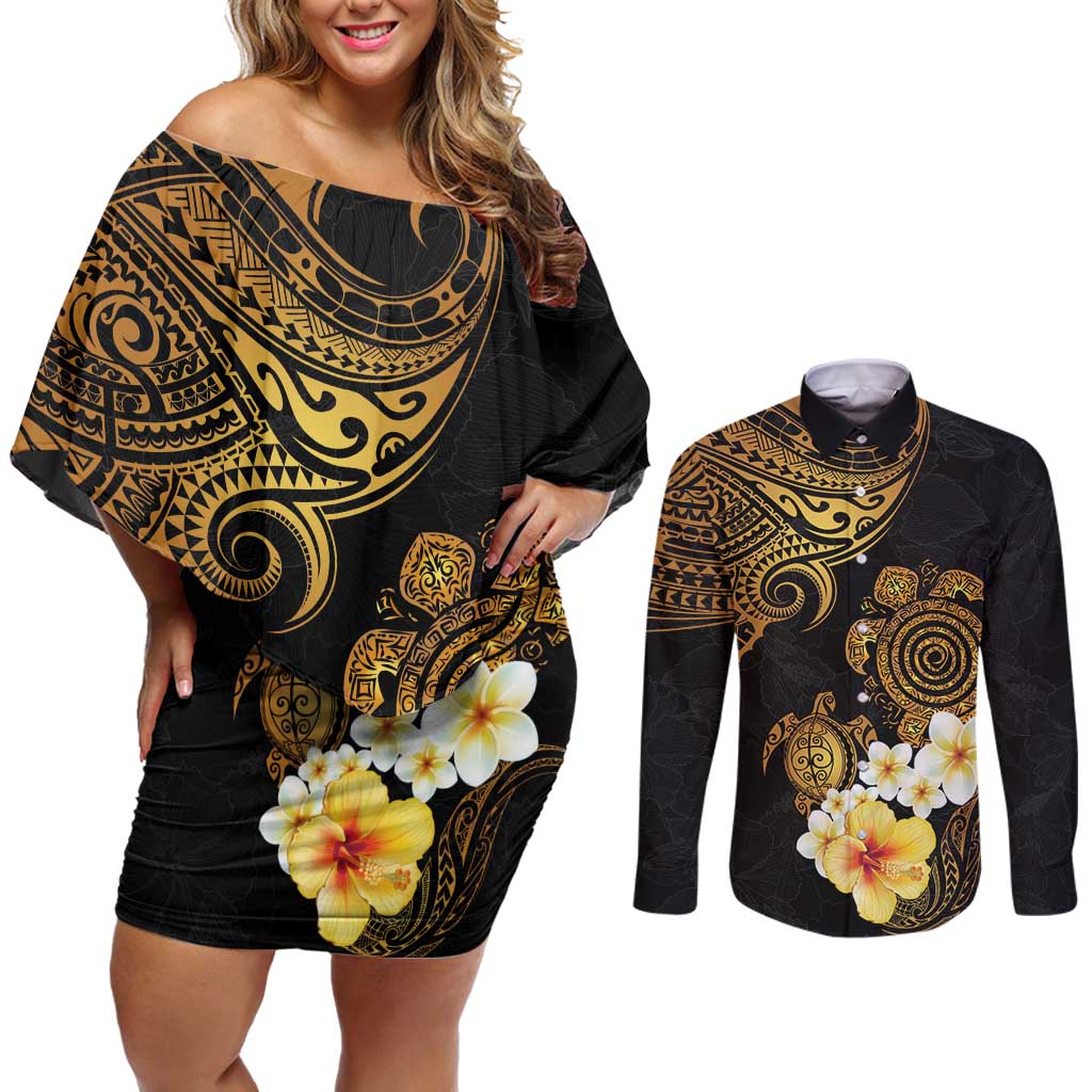 Polynesian Turtle Couples Matching Off Shoulder Short Dress and Long Sleeve Button Shirt Plumeria Hibiscus Pattern Black Color