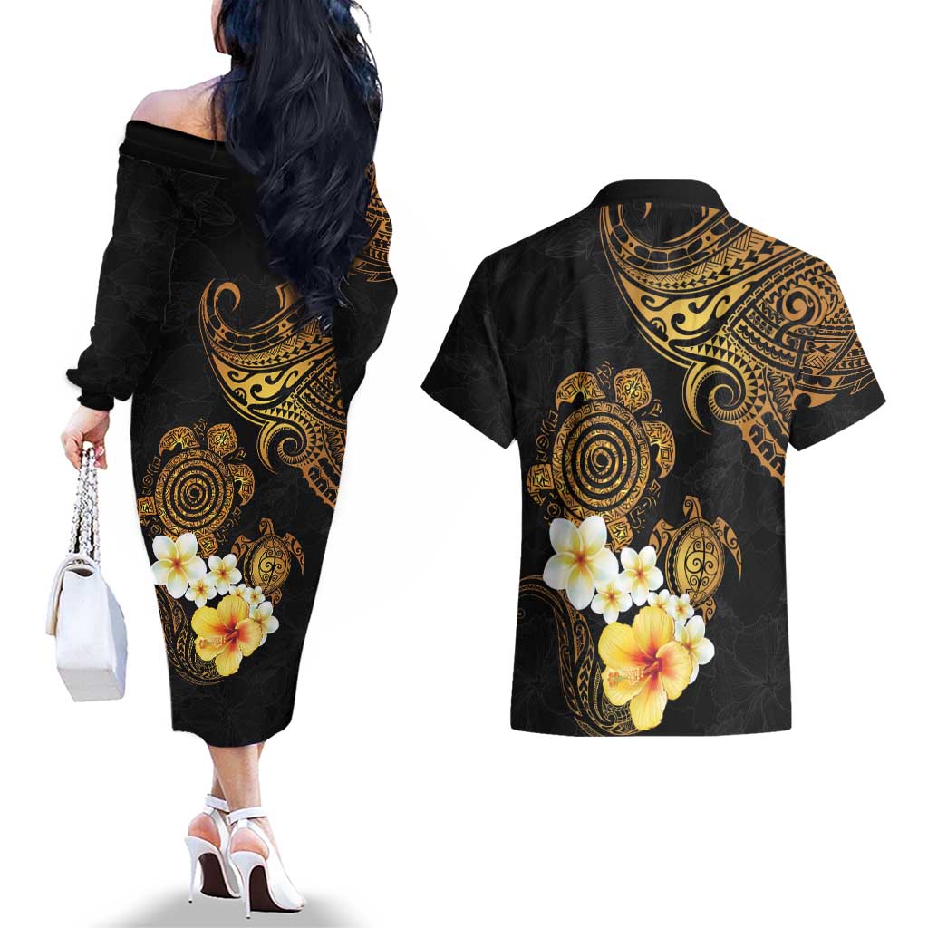 Polynesian Turtle Couples Matching Off The Shoulder Long Sleeve Dress and Hawaiian Shirt Plumeria Hibiscus Pattern Black Color