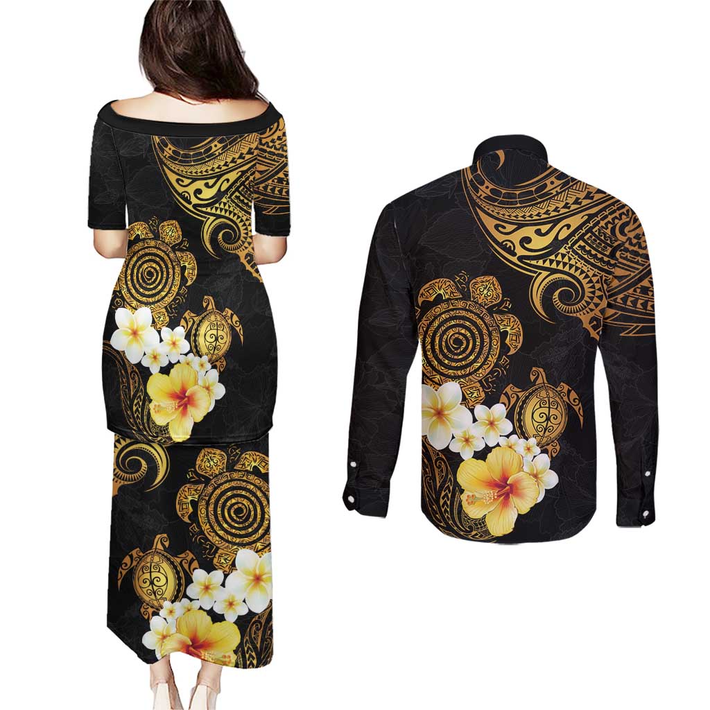 Polynesian Turtle Couples Matching Puletasi and Long Sleeve Button Shirt Plumeria Hibiscus Pattern Black Color