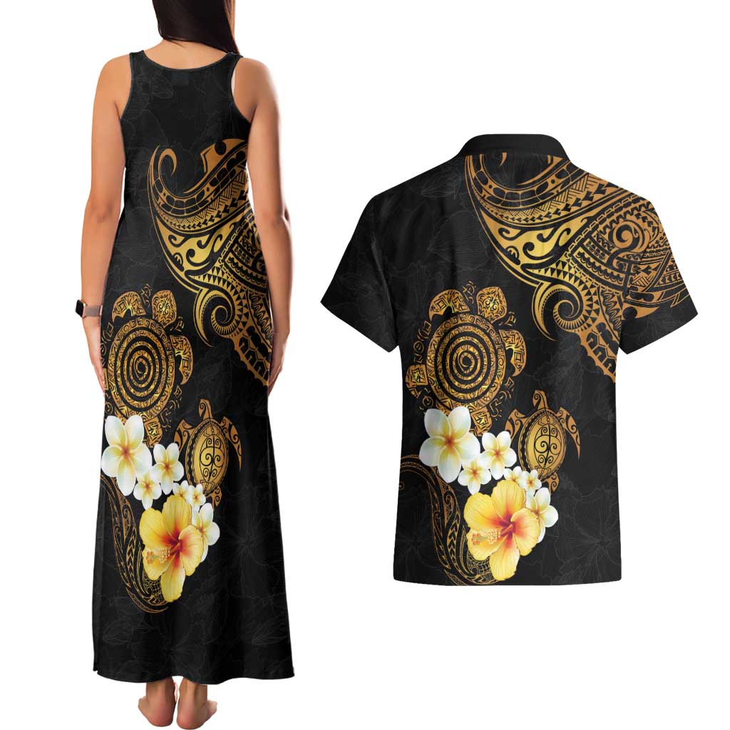 Polynesian Turtle Couples Matching Tank Maxi Dress and Hawaiian Shirt Plumeria Hibiscus Pattern Black Color
