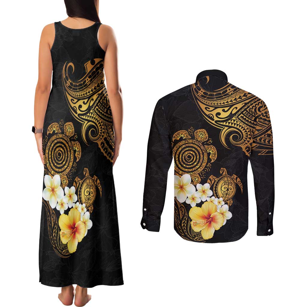Polynesian Turtle Couples Matching Tank Maxi Dress and Long Sleeve Button Shirt Plumeria Hibiscus Pattern Black Color