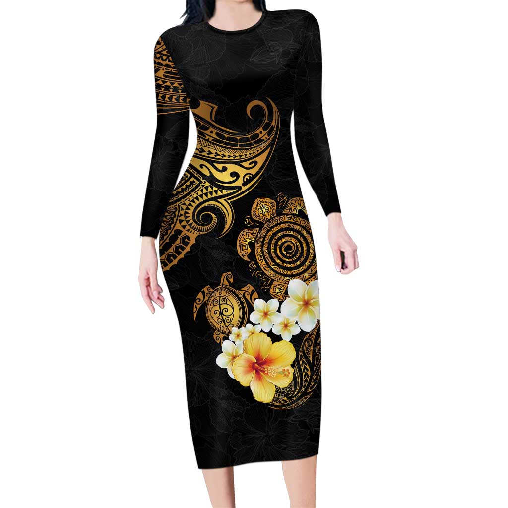 Polynesian Turtle Family Matching Long Sleeve Bodycon Dress and Hawaiian Shirt Plumeria Hibiscus Pattern Black Color LT03 Mom's Dress Black - Polynesian Pride