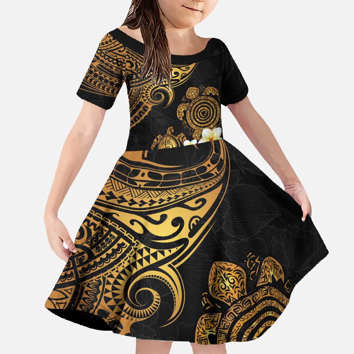 Polynesian Turtle Family Matching Off The Shoulder Long Sleeve Dress and Hawaiian Shirt Plumeria Hibiscus Pattern Black Color LT03 Daughter's Dress Black - Polynesian Pride