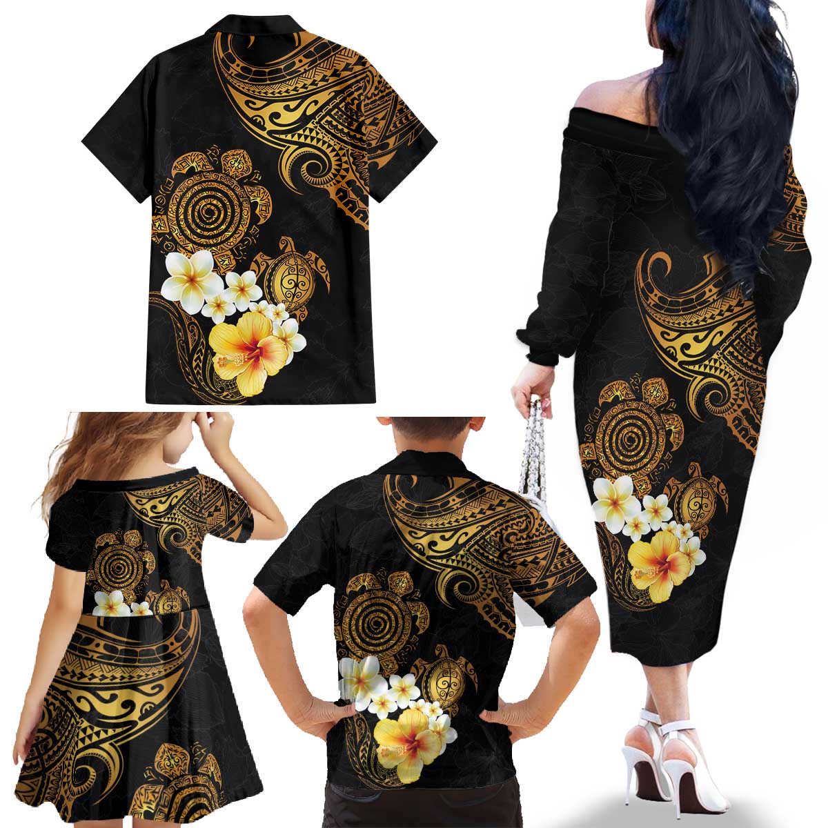 Polynesian Turtle Family Matching Off The Shoulder Long Sleeve Dress and Hawaiian Shirt Plumeria Hibiscus Pattern Black Color LT03 - Polynesian Pride