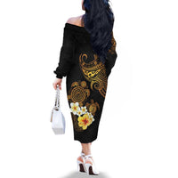 Polynesian Turtle Family Matching Off The Shoulder Long Sleeve Dress and Hawaiian Shirt Plumeria Hibiscus Pattern Black Color LT03 - Polynesian Pride