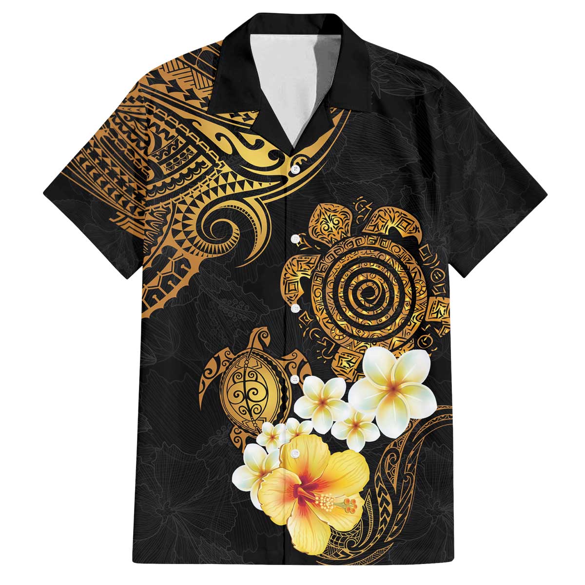 Polynesian Turtle Family Matching Off Shoulder Short Dress and Hawaiian Shirt Plumeria Hibiscus Pattern Black Color