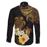 Polynesian Turtle Family Matching Off Shoulder Short Dress and Hawaiian Shirt Plumeria Hibiscus Pattern Black Color