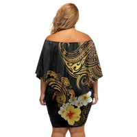 Polynesian Turtle Family Matching Off Shoulder Short Dress and Hawaiian Shirt Plumeria Hibiscus Pattern Black Color