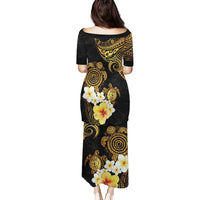 Polynesian Turtle Family Matching Puletasi and Hawaiian Shirt Plumeria Hibiscus Pattern Black Color