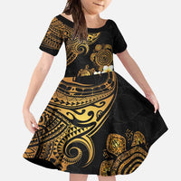 Polynesian Turtle Family Matching Short Sleeve Bodycon Dress and Hawaiian Shirt Plumeria Hibiscus Pattern Black Color LT03 Daughter's Dress Black - Polynesian Pride