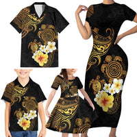 Polynesian Turtle Family Matching Short Sleeve Bodycon Dress and Hawaiian Shirt Plumeria Hibiscus Pattern Black Color LT03 - Polynesian Pride