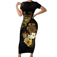 Polynesian Turtle Family Matching Short Sleeve Bodycon Dress and Hawaiian Shirt Plumeria Hibiscus Pattern Black Color LT03 Mom's Dress Black - Polynesian Pride