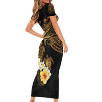 Polynesian Turtle Family Matching Short Sleeve Bodycon Dress and Hawaiian Shirt Plumeria Hibiscus Pattern Black Color LT03 - Polynesian Pride
