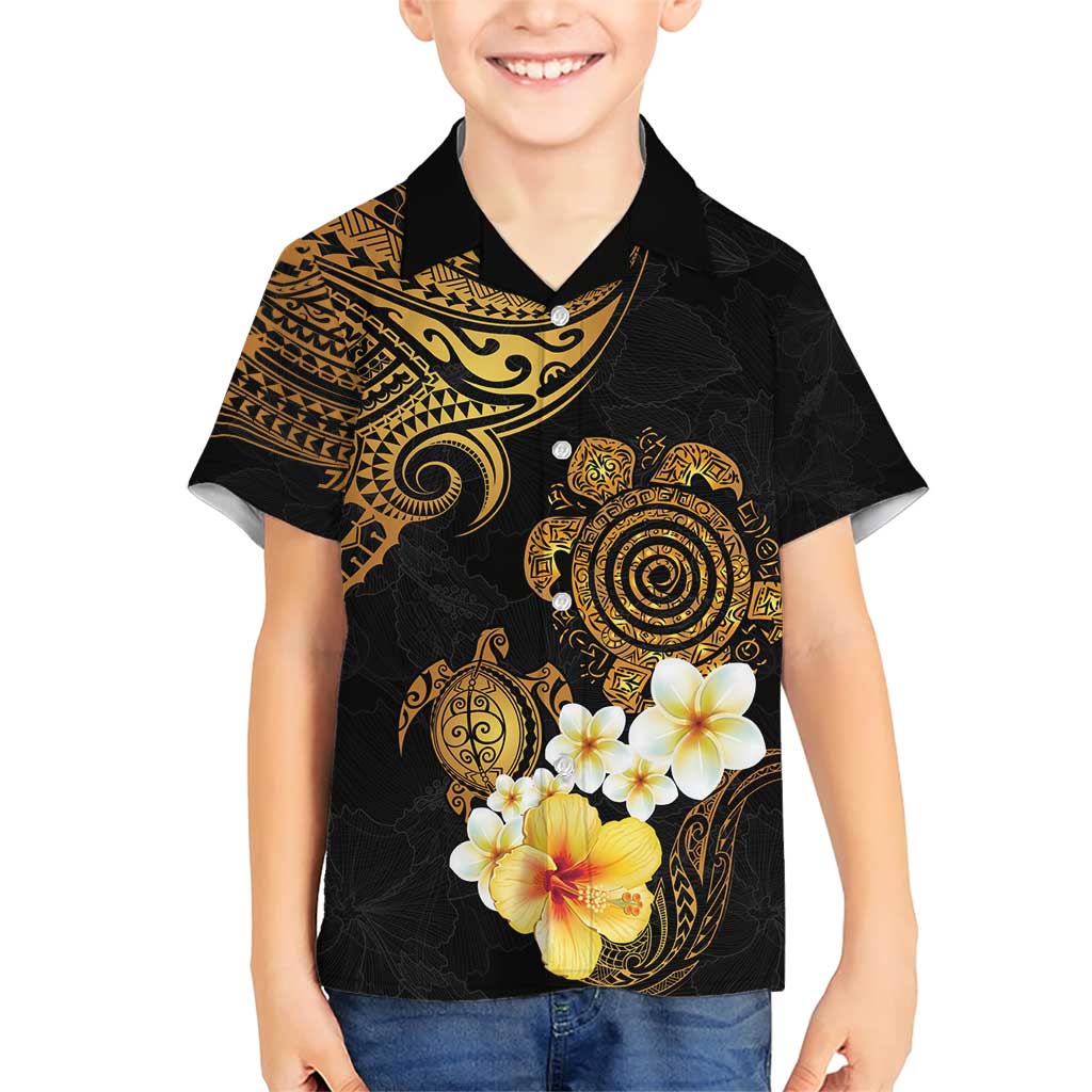 Polynesian Turtle Family Matching Short Sleeve Bodycon Dress and Hawaiian Shirt Plumeria Hibiscus Pattern Black Color LT03 Son's Shirt Black - Polynesian Pride