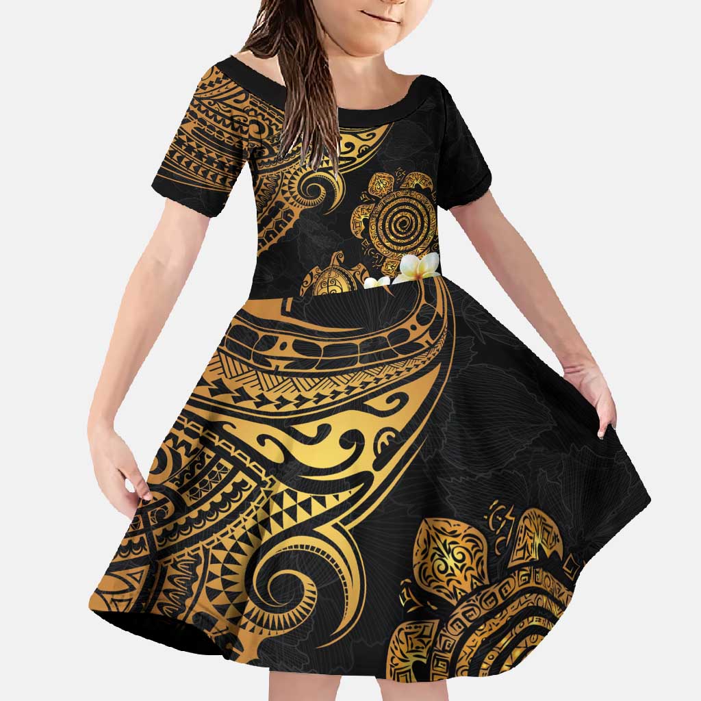 Polynesian Turtle Family Matching Summer Maxi Dress and Hawaiian Shirt Plumeria Hibiscus Pattern Black Color