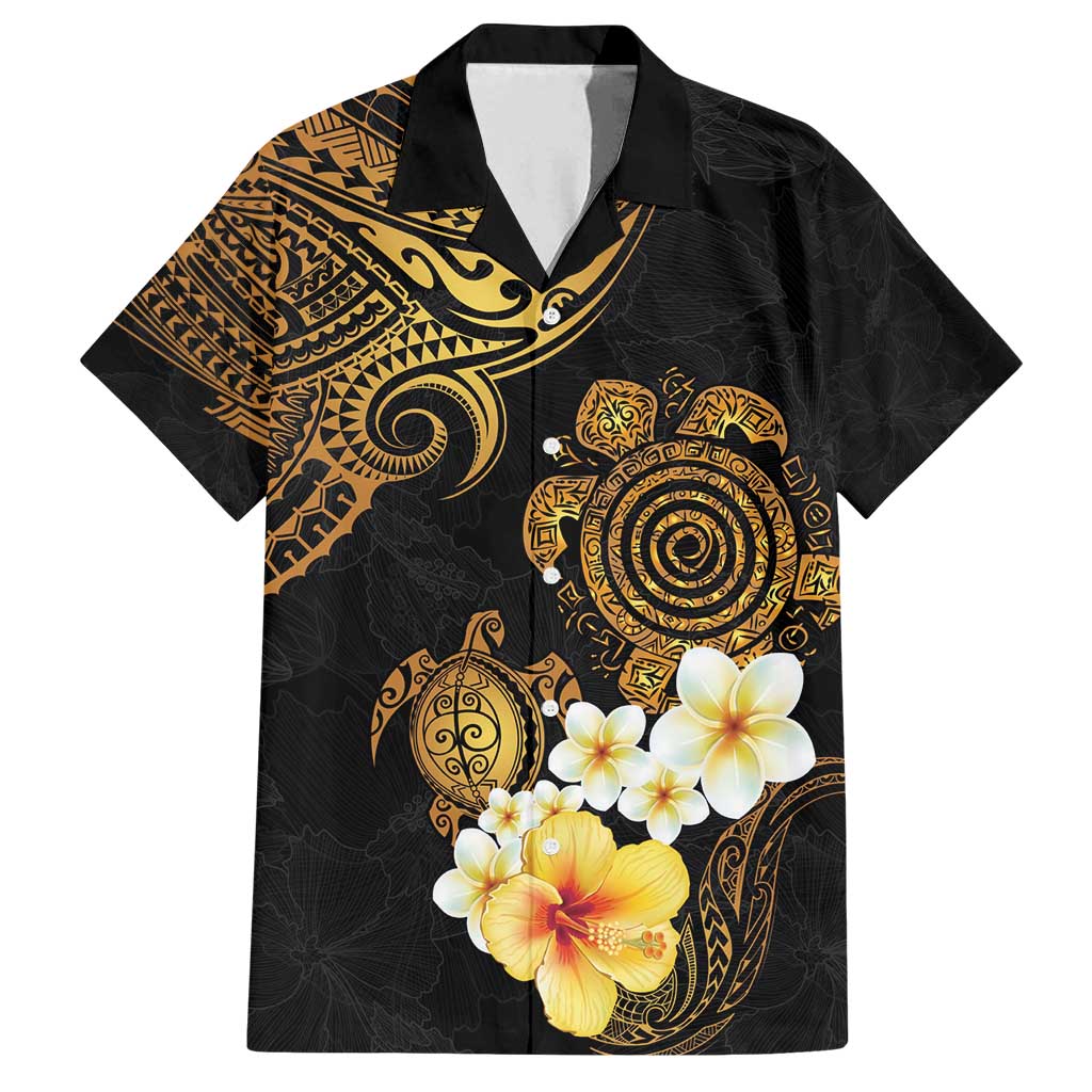 Polynesian Turtle Family Matching Summer Maxi Dress and Hawaiian Shirt Plumeria Hibiscus Pattern Black Color