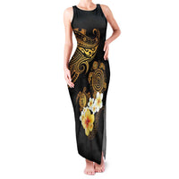 Polynesian Turtle Family Matching Tank Maxi Dress and Hawaiian Shirt Plumeria Hibiscus Pattern Black Color