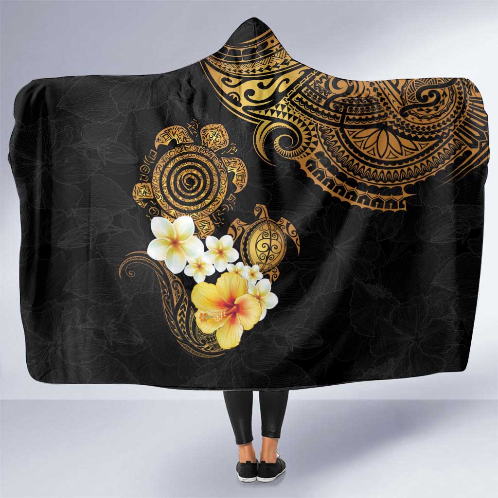 Polynesian Turtle Hooded Blanket Plumeria Hibiscus Pattern Black Color LT03 One Size Black - Polynesian Pride