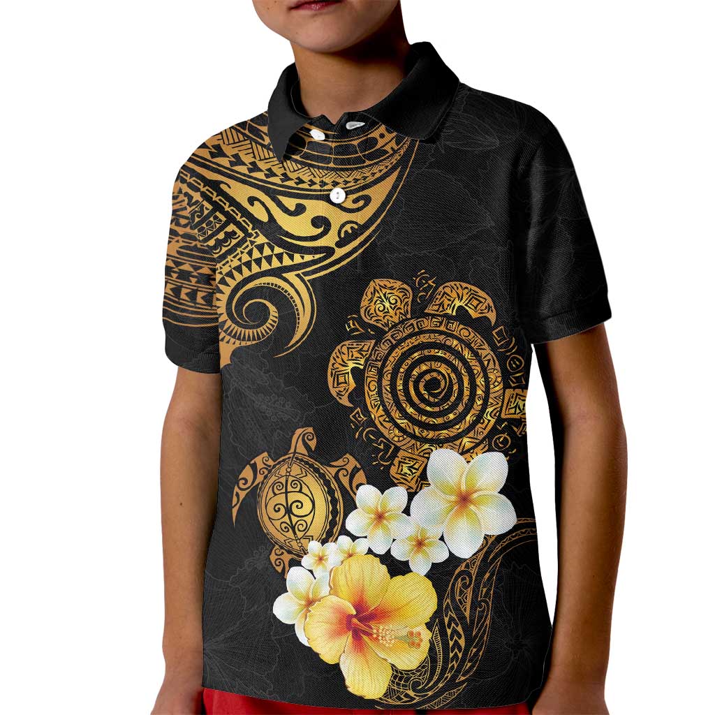 Polynesian Turtle Kid Polo Shirt Plumeria Hibiscus Pattern Black Color
