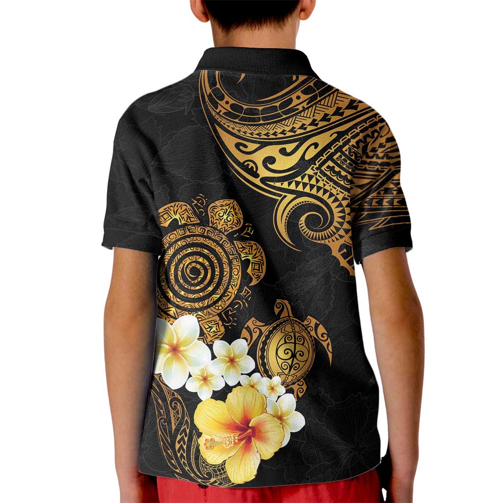 Polynesian Turtle Kid Polo Shirt Plumeria Hibiscus Pattern Black Color