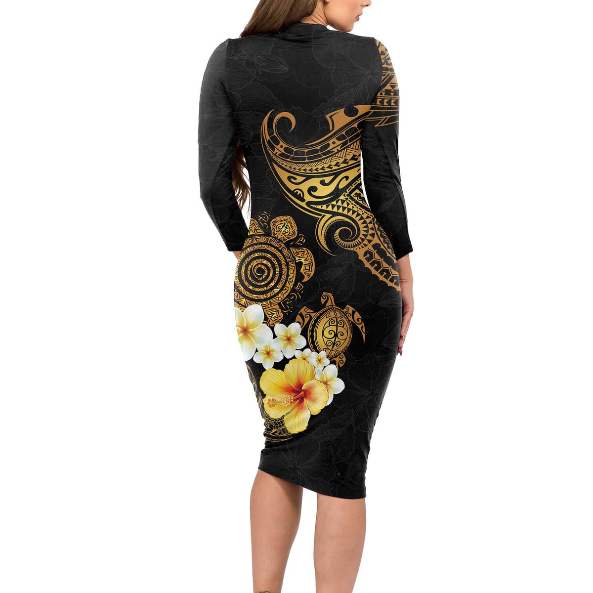 Polynesian Turtle Long Sleeve Bodycon Dress Plumeria Hibiscus Pattern Black Color LT03 - Polynesian Pride
