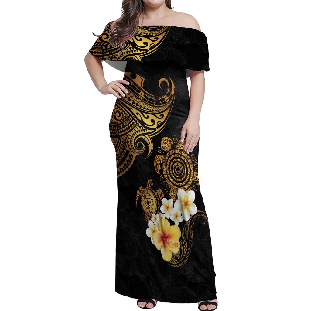 Polynesian Turtle Off Shoulder Maxi Dress Plumeria Hibiscus Pattern Black Color