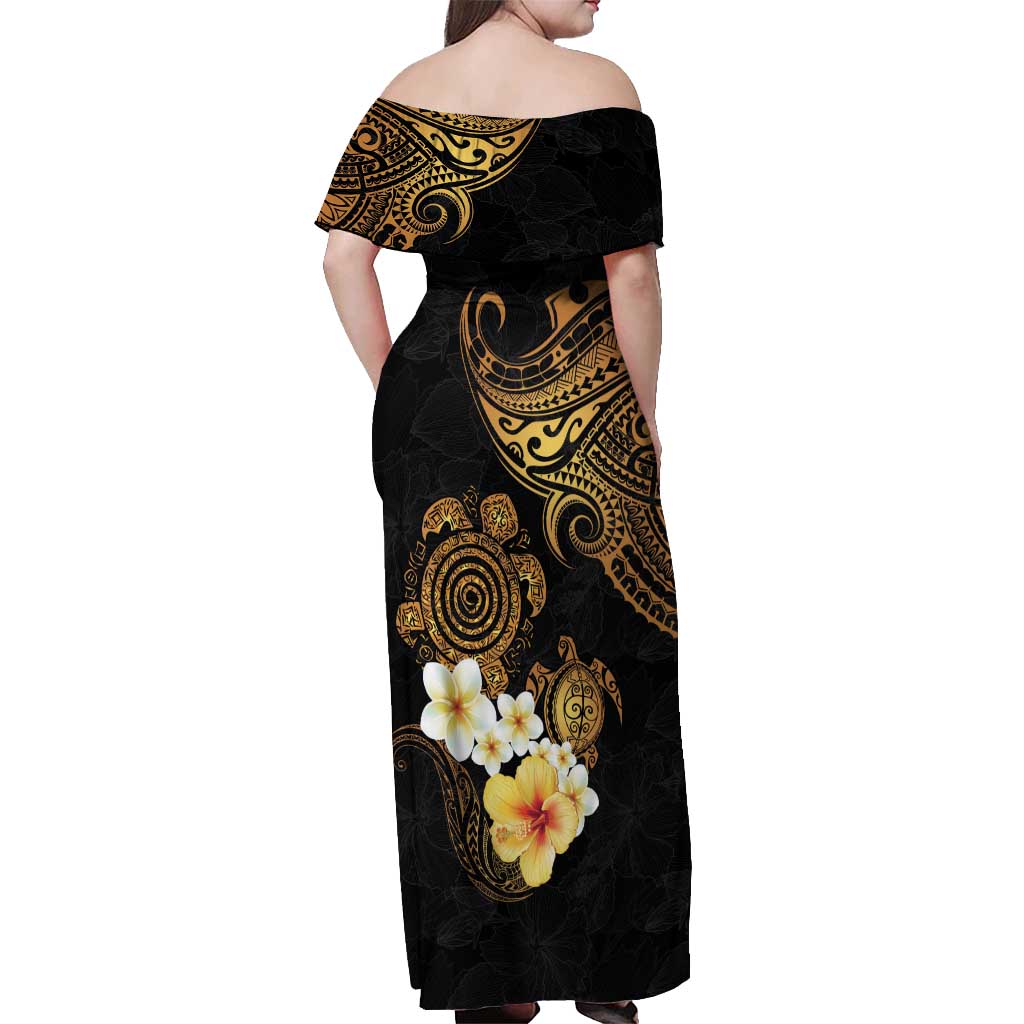 Polynesian Turtle Off Shoulder Maxi Dress Plumeria Hibiscus Pattern Black Color