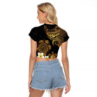 Polynesian Turtle Raglan Cropped T Shirt Plumeria Hibiscus Pattern Black Color