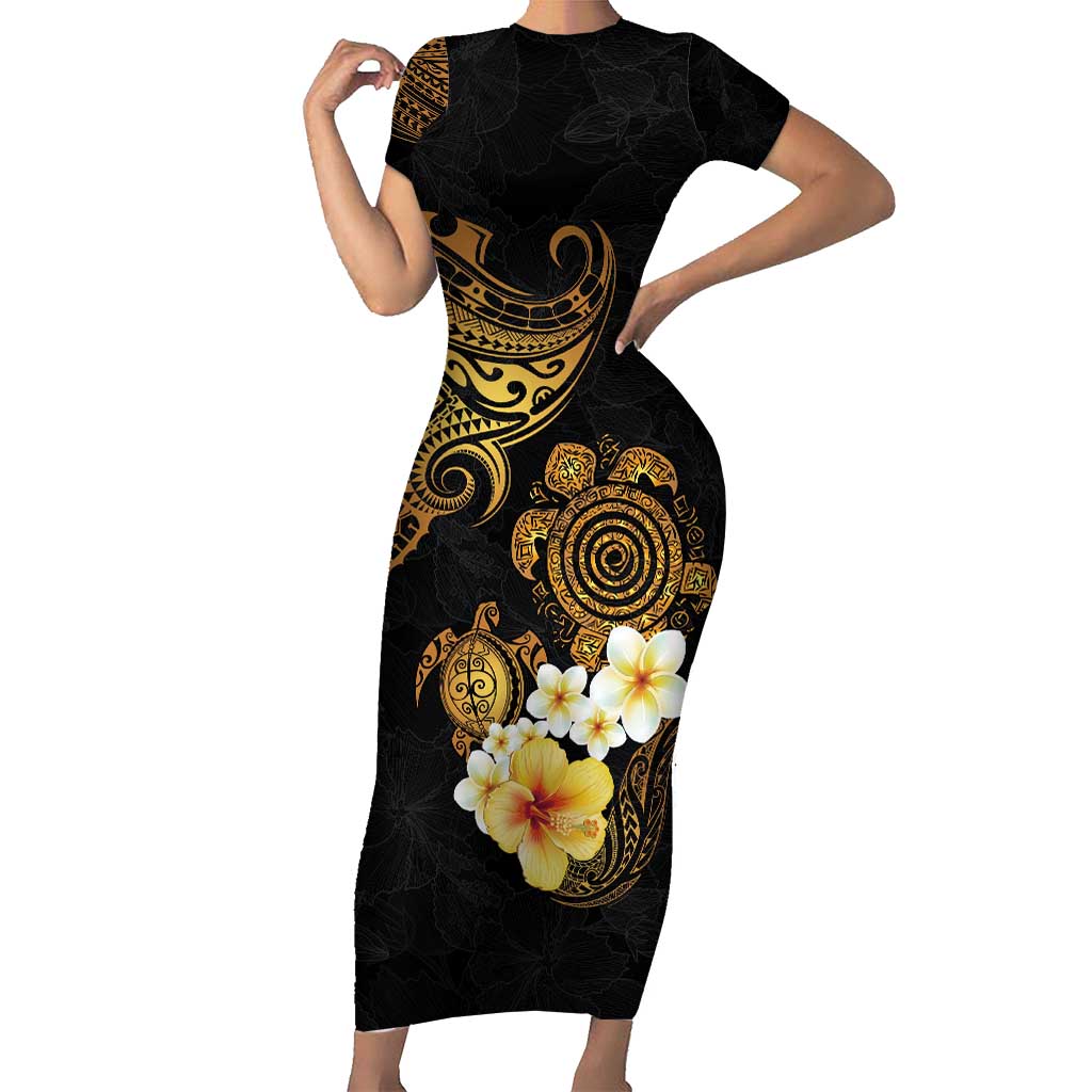 Polynesian Turtle Short Sleeve Bodycon Dress Plumeria Hibiscus Pattern Black Color LT03 Long Dress Black - Polynesian Pride