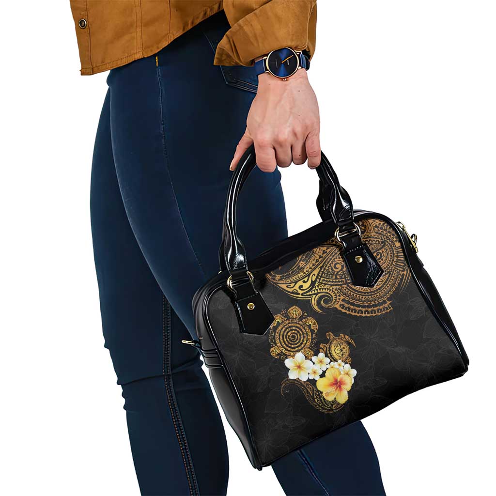Polynesian Turtle Shoulder Handbag Plumeria Hibiscus Pattern Black Color