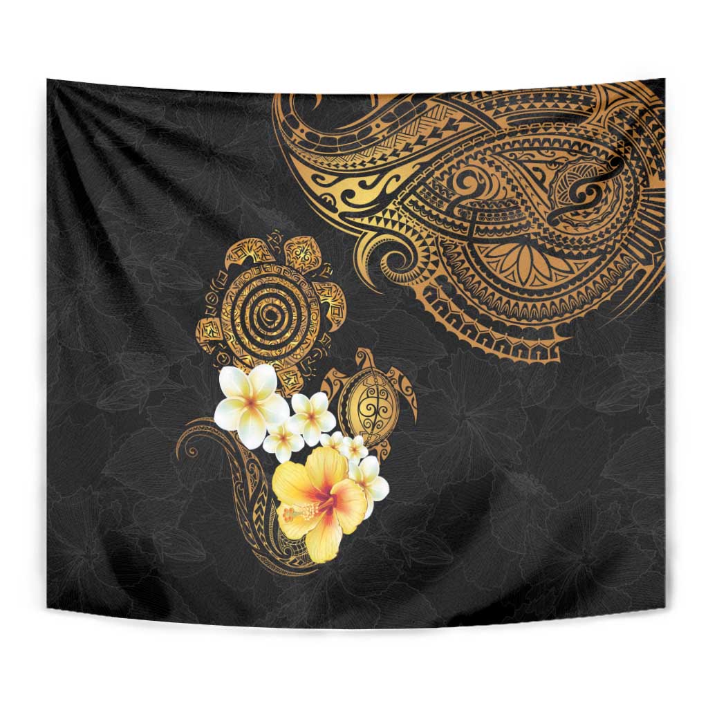 Polynesian Turtle Tapestry Plumeria Hibiscus Pattern Black Color