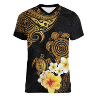 Polynesian Turtle Women V-Neck T-Shirt Plumeria Hibiscus Pattern Black Color
