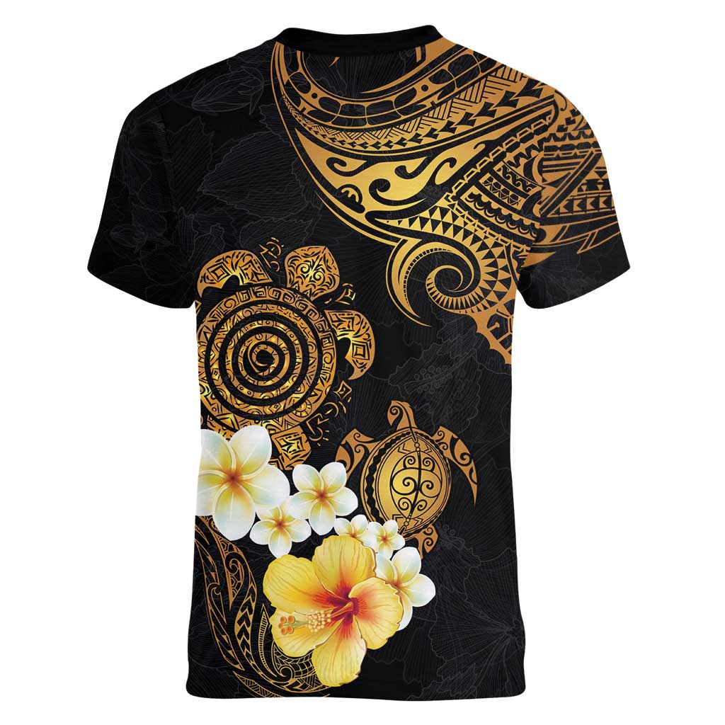 Polynesian Turtle Women V-Neck T-Shirt Plumeria Hibiscus Pattern Black Color