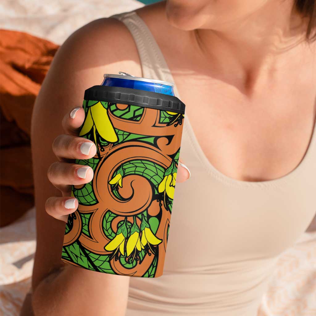 New Zealand Kowhai Flowers 4 in 1 Can Cooler Tumbler Maori Koru Pattern