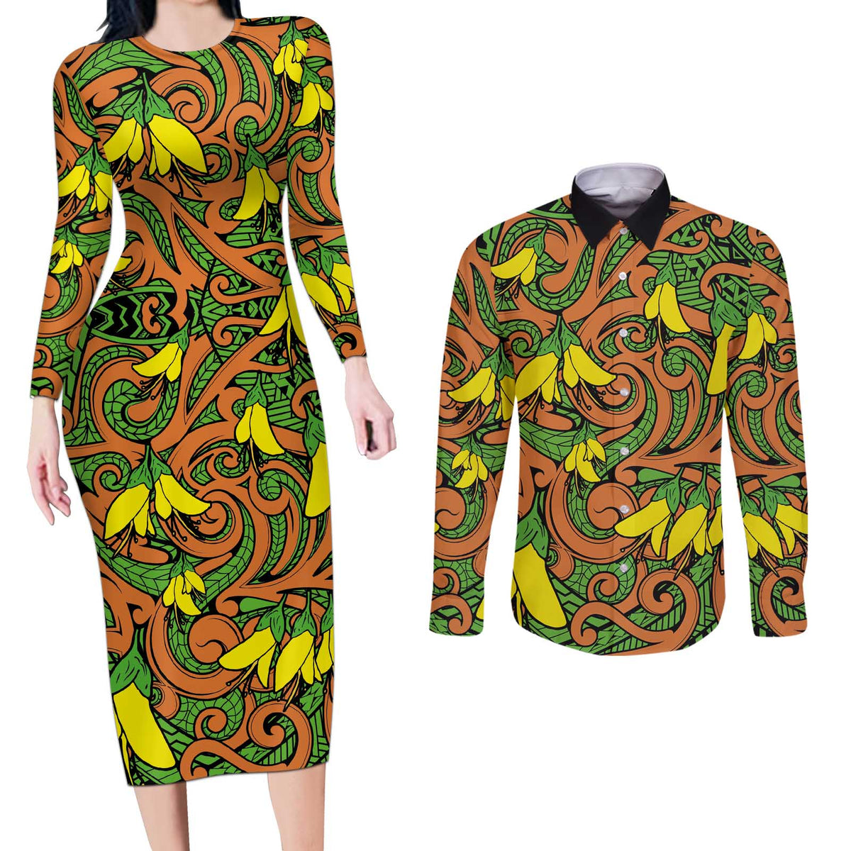 New Zealand Kowhai Flowers Couples Matching Long Sleeve Bodycon Dress and Long Sleeve Button Shirt Maori Koru Pattern