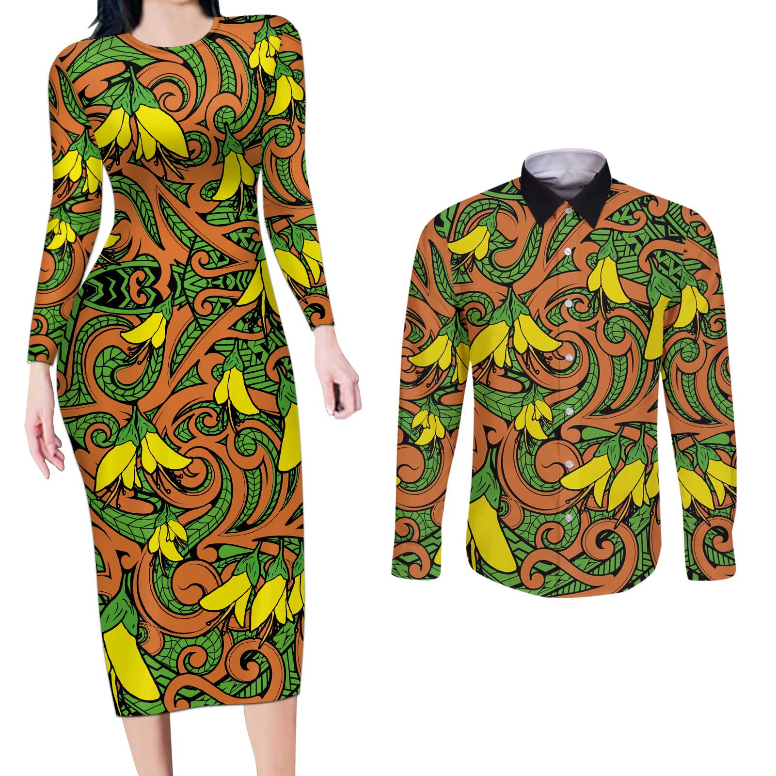 New Zealand Kowhai Flowers Couples Matching Long Sleeve Bodycon Dress and Long Sleeve Button Shirt Maori Koru Pattern