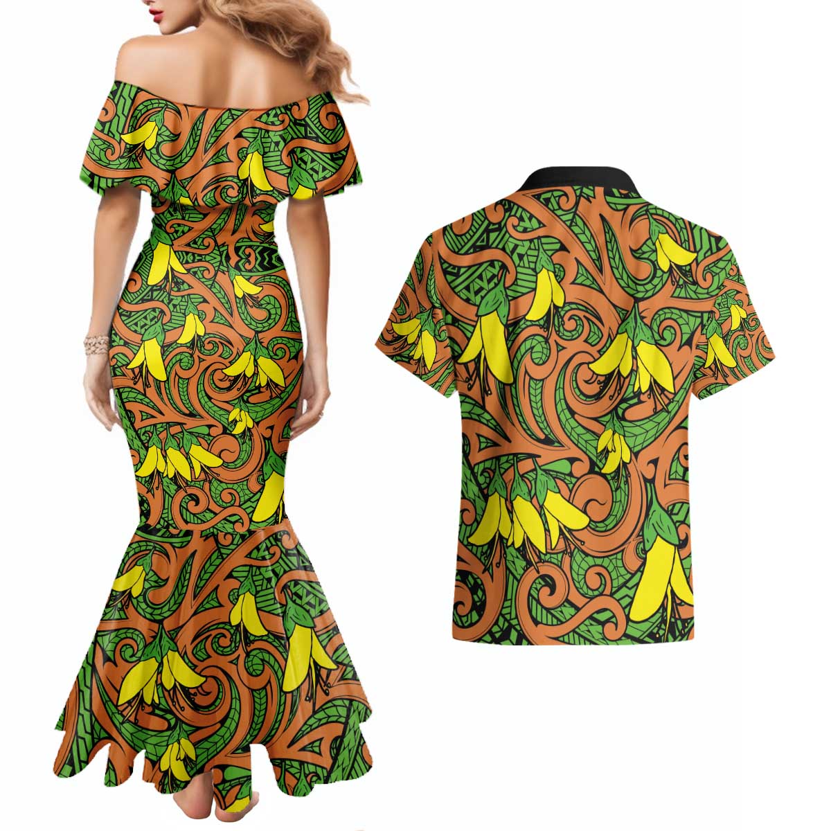 New Zealand Kowhai Flowers Couples Matching Mermaid Dress and Hawaiian Shirt Maori Koru Pattern LT03 - Polynesian Pride