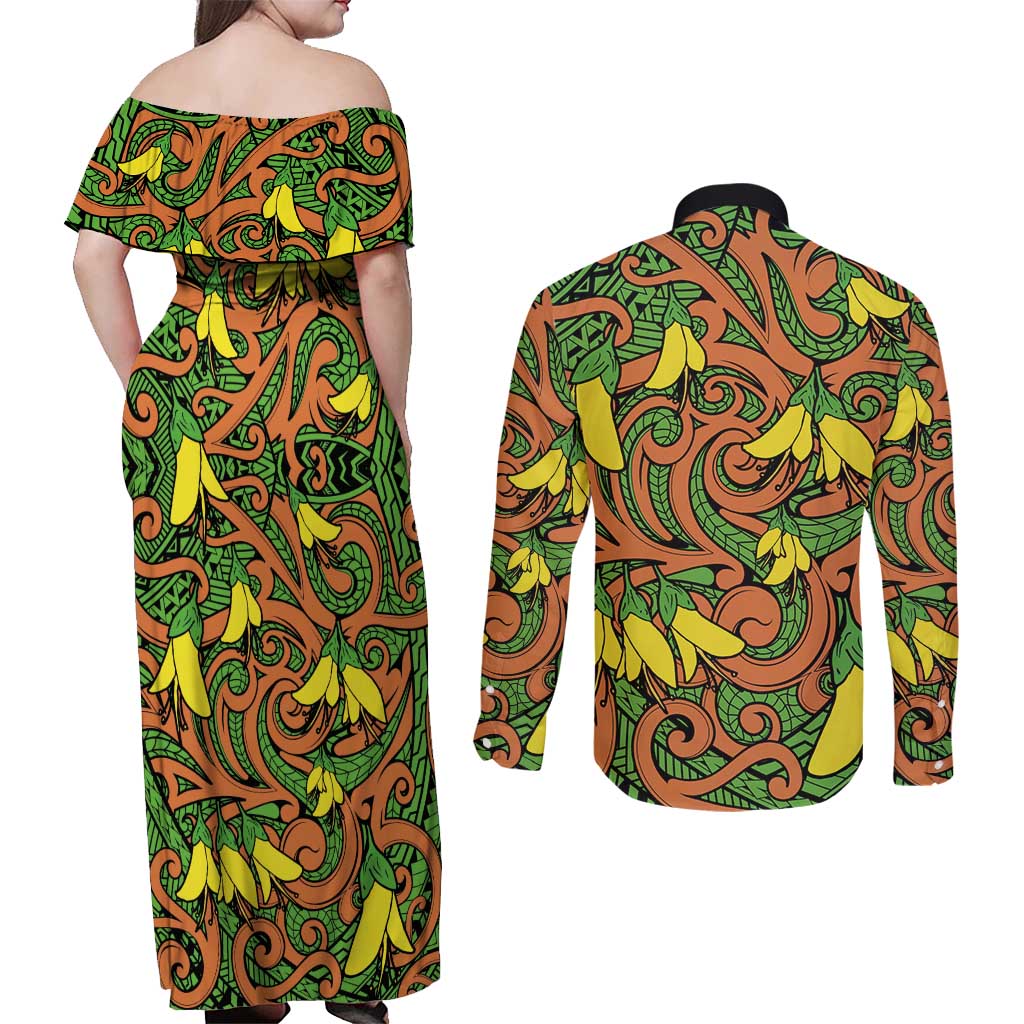 New Zealand Kowhai Flowers Couples Matching Off Shoulder Maxi Dress and Long Sleeve Button Shirt Maori Koru Pattern