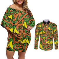 New Zealand Kowhai Flowers Couples Matching Off Shoulder Short Dress and Long Sleeve Button Shirt Maori Koru Pattern
