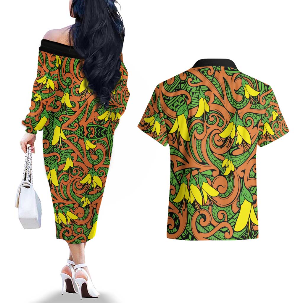 New Zealand Kowhai Flowers Couples Matching Off The Shoulder Long Sleeve Dress and Hawaiian Shirt Maori Koru Pattern