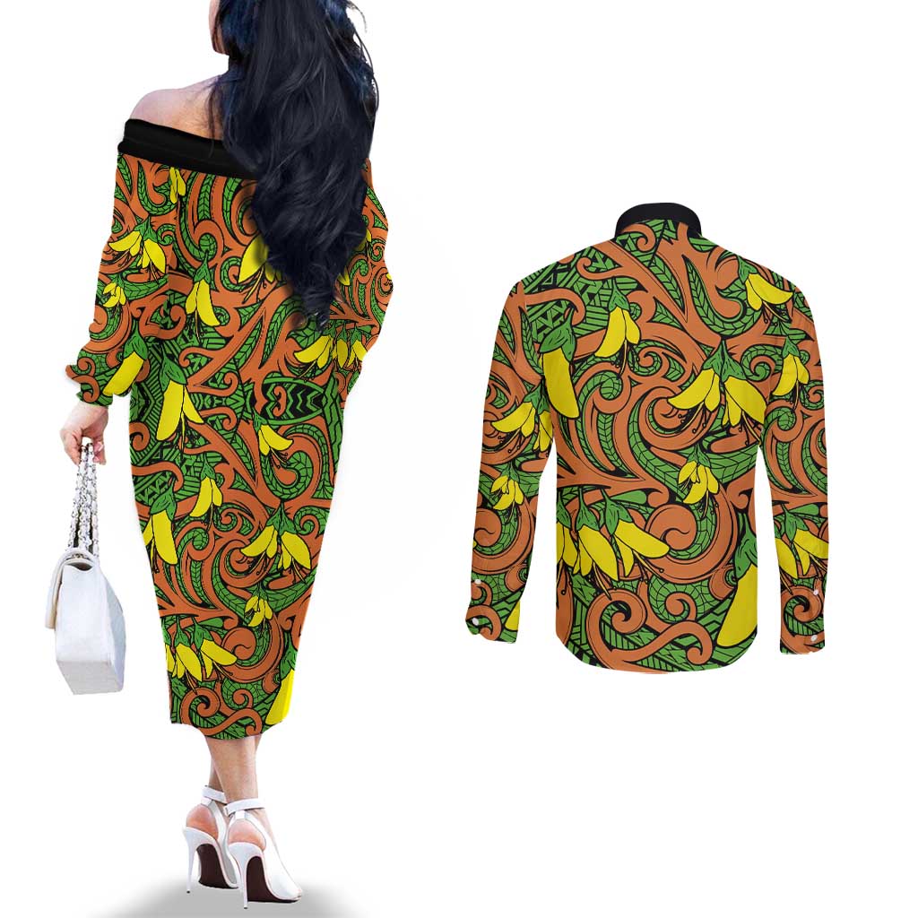 New Zealand Kowhai Flowers Couples Matching Off The Shoulder Long Sleeve Dress and Long Sleeve Button Shirt Maori Koru Pattern
