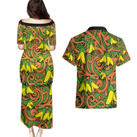 New Zealand Kowhai Flowers Couples Matching Puletasi and Hawaiian Shirt Maori Koru Pattern
