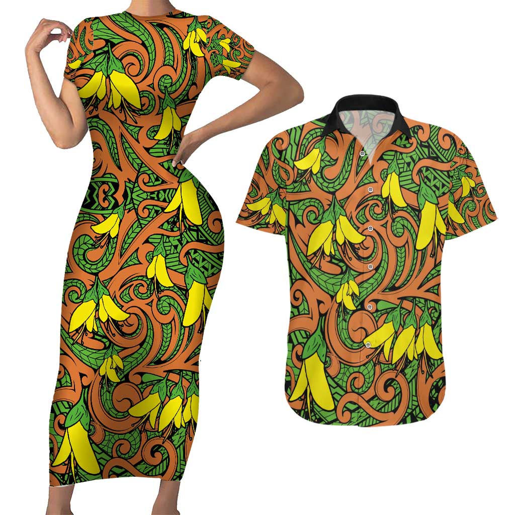 New Zealand Kowhai Flowers Couples Matching Short Sleeve Bodycon Dress and Hawaiian Shirt Maori Koru Pattern LT03 Orange - Polynesian Pride