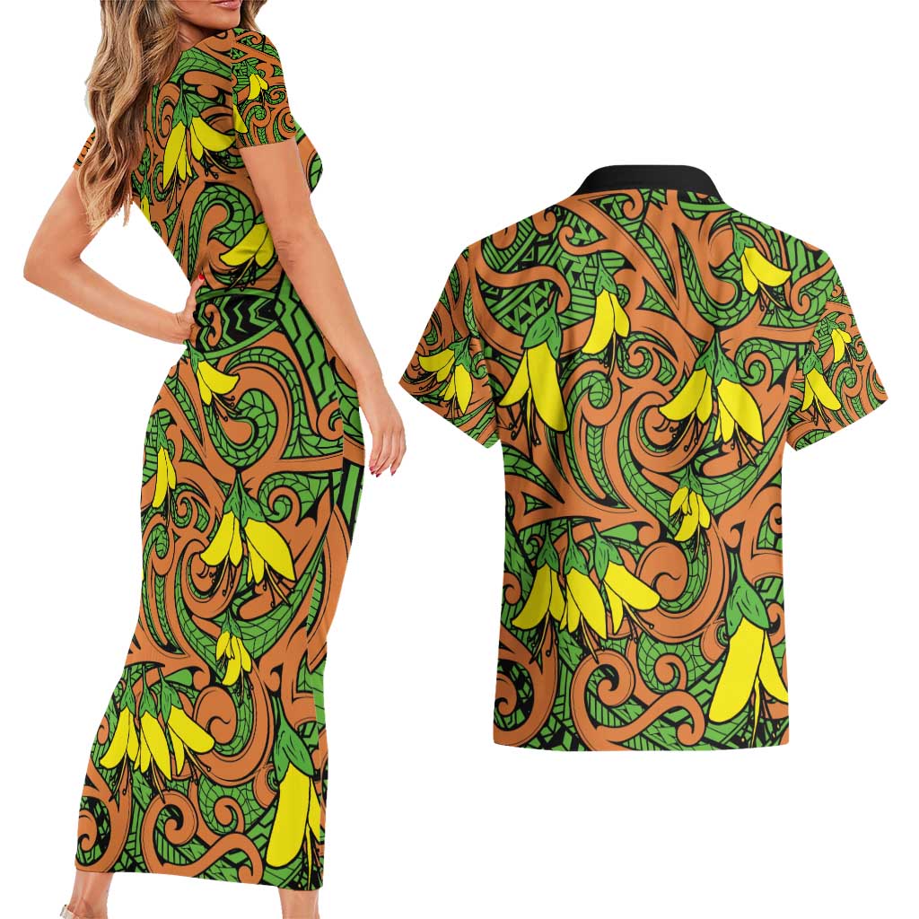 New Zealand Kowhai Flowers Couples Matching Short Sleeve Bodycon Dress and Hawaiian Shirt Maori Koru Pattern LT03 - Polynesian Pride