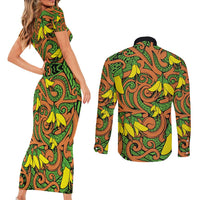 New Zealand Kowhai Flowers Couples Matching Short Sleeve Bodycon Dress and Long Sleeve Button Shirt Maori Koru Pattern