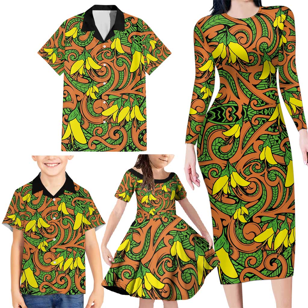 New Zealand Kowhai Flowers Family Matching Long Sleeve Bodycon Dress and Hawaiian Shirt Maori Koru Pattern LT03 - Polynesian Pride