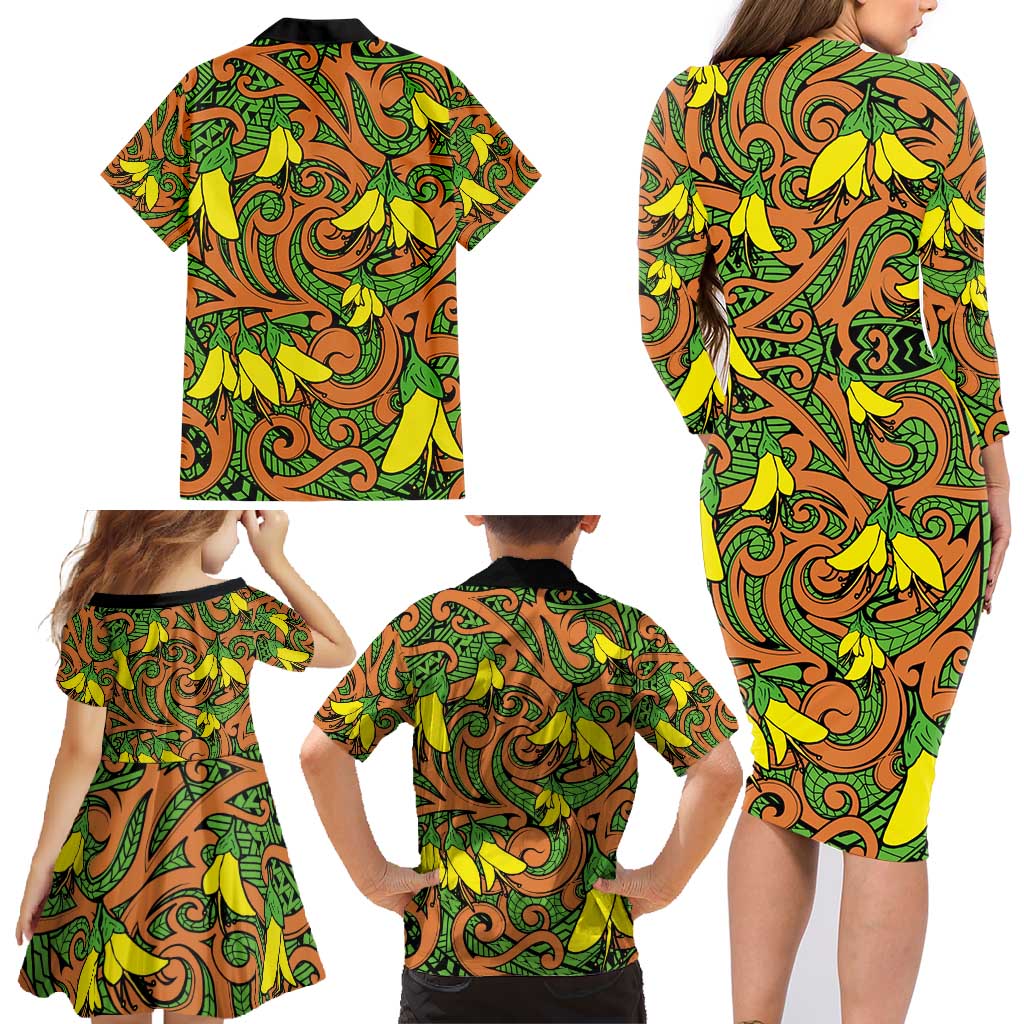 New Zealand Kowhai Flowers Family Matching Long Sleeve Bodycon Dress and Hawaiian Shirt Maori Koru Pattern LT03 - Polynesian Pride