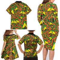 New Zealand Kowhai Flowers Family Matching Long Sleeve Bodycon Dress and Hawaiian Shirt Maori Koru Pattern LT03 - Polynesian Pride