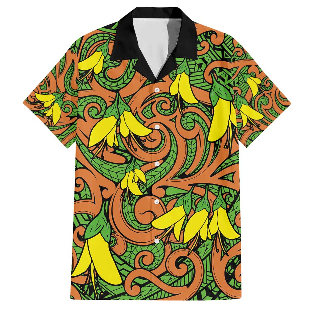 New Zealand Kowhai Flowers Family Matching Long Sleeve Bodycon Dress and Hawaiian Shirt Maori Koru Pattern LT03 Dad's Shirt - Short Sleeve Orange - Polynesian Pride
