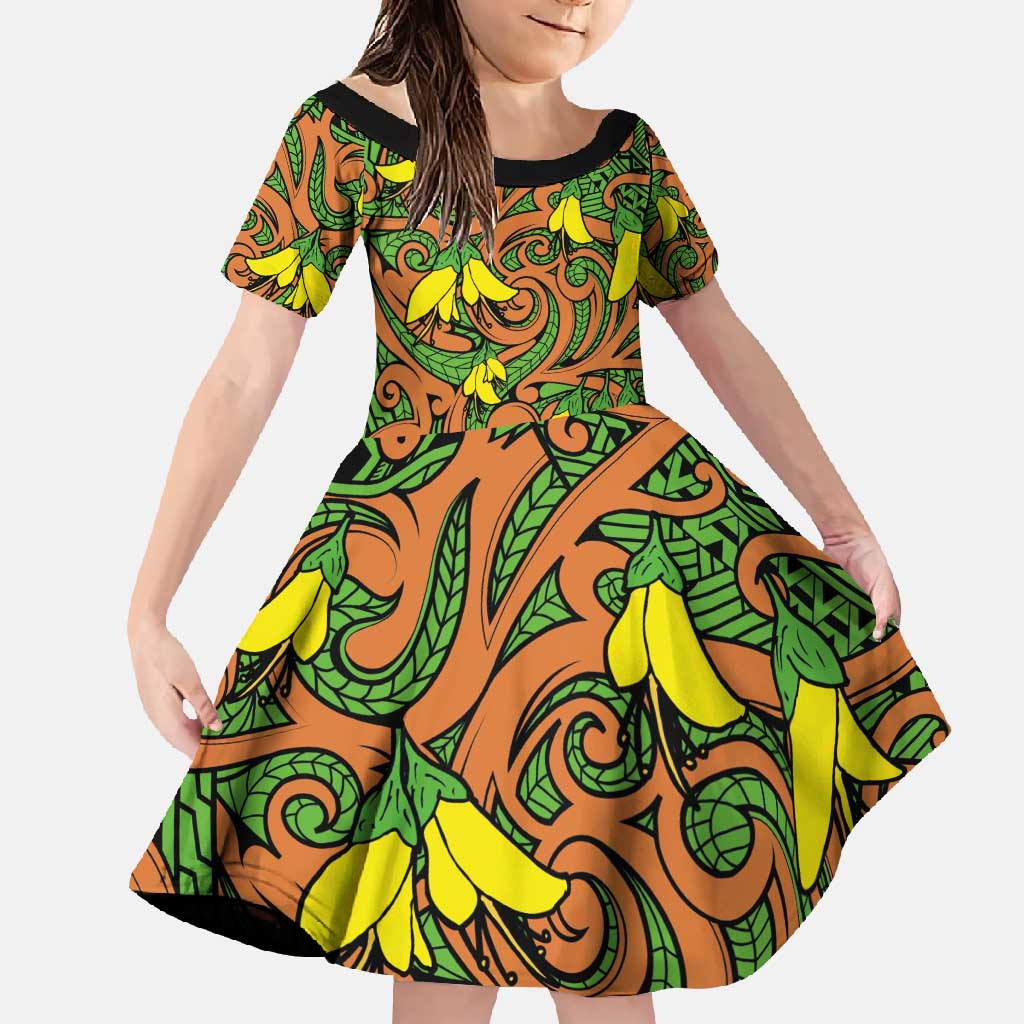 New Zealand Kowhai Flowers Family Matching Mermaid Dress and Hawaiian Shirt Maori Koru Pattern LT03 Daughter's Dress Orange - Polynesian Pride